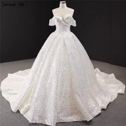 White Off Shoulder Luxury Sexy Wedding Dresses 2020 Sequins Sleeveless Bling Bling Bridal Gown HM66942 Custom Made