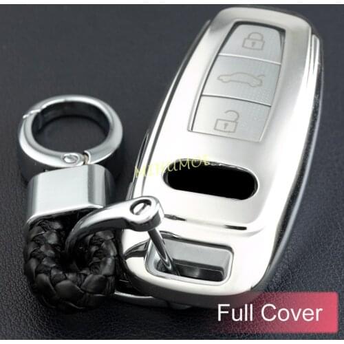 For 2019+ Audi A3 A6 C8 A7 A8 Q7 Q8 e-tron Car Key Chain Ring Fob Cover Case Holder Silver