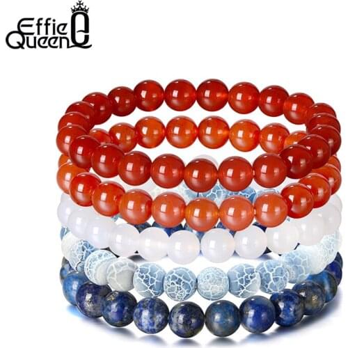 Effie Queen 8mm Red Agate Bead Bracelet Unisex Stackable Set of 5 Natural Gemstone Round Bead Bracelet for Women Men GMB44