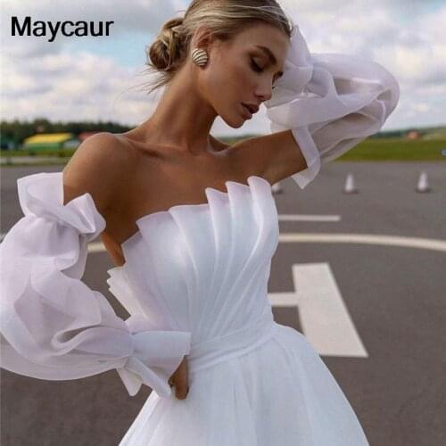 Elegant White Wedding Dresses 2021 Boho Wedding Gowns Pleated Puff Long Sleeve Bridal Dress Women Couture Spring Vestidos