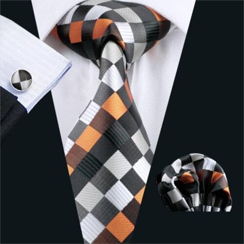 FA-361 Gents Necktie White Plaid 100% Silk Jacquard Tie Hanky Cufflinks Set Business Wedding Party Ties For Men Free Shipping