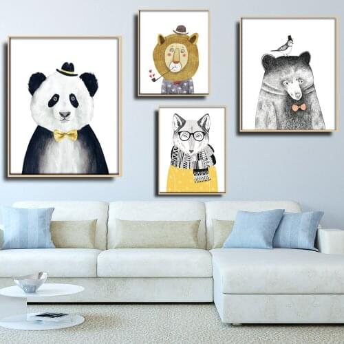 Canvas print Painting Nordic style Lovely Animals With FOX Panda Lion Bear Poster Wall Art Picture For Home Decoration No Frame