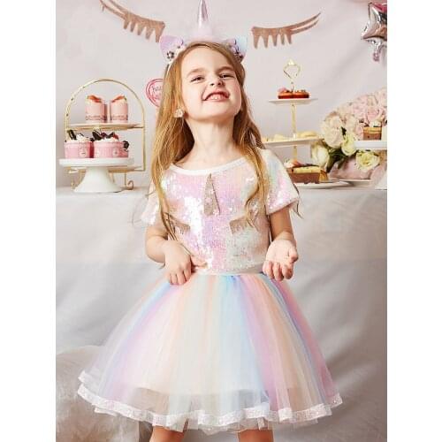 2021 Summer Clothes Set Baby Girls Clothing Sequined Unicorn Top and Rainbow Mesh Skirt Suit Girl Princess Dress Kids Clothing