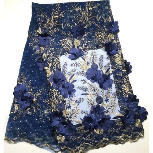 3D flower lace tulle fabric high quality beaded french lace fabric wholesale dubai french lace for wedding party 2020 Navy M1930