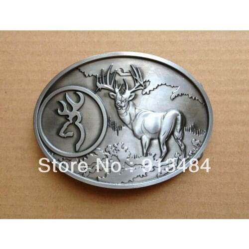 Brass Deer in the woods full boby oval belt buckle JF-B022,Free shipping