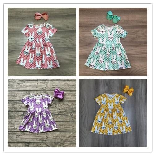 Baby girls Easter dress girls short sleeve dress with bunny print girls soft milk silk dress girls boutique dress with bows