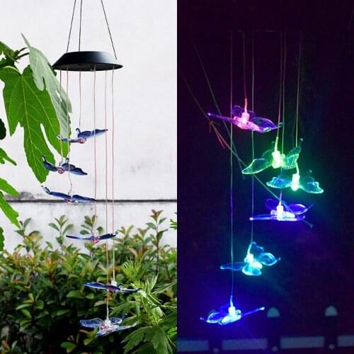 Hot Selling Solar Wind Chime Painted Hummingbird Color-Changing LED Lights Garden Lights Landscape Lights