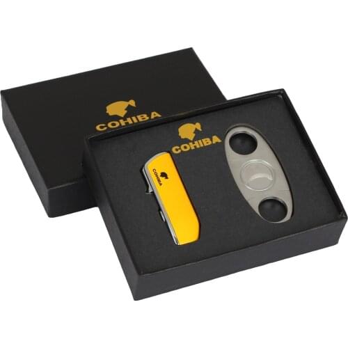 COHIBA Cigar Lighter Metal 3 Jet Blue Flame Torch Lighters Pocket Cigar Cutter Sharp Metal Guillotine Lighter And Cutter Set