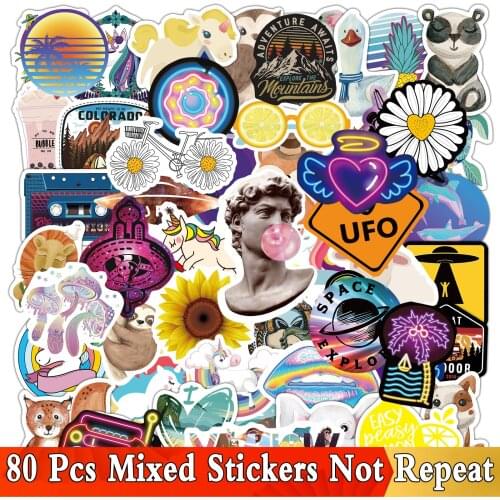 Cute 80 PCS Vaporwave Climbing Stickers Neon Light Unicorn Outer Space UFO Sticker Decal on Laptop Bicycle Skateboard Guitar