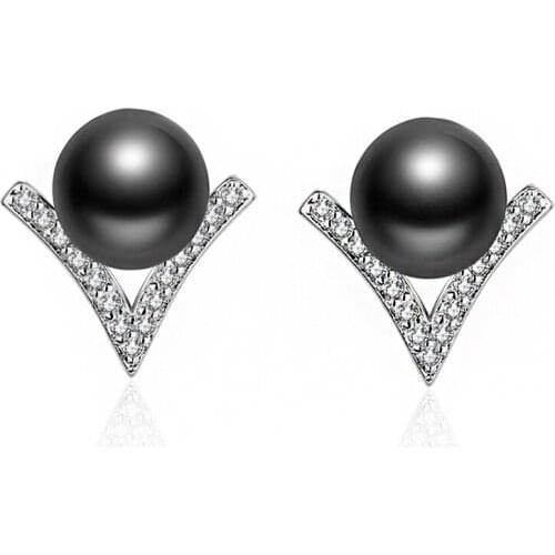 Fashion V Shaped Inlay Crystal Cubic Zirconia Earrings Simulated Pearl Stud Earrings Wedding Party Jewelry Gift for Women