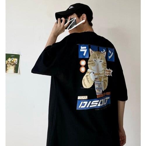 2021 Trend Japanese Style Cartoon Cat Printing Men Short Sleeve Top Round Collar Loose Pure Cotton Casual T-Shirt Plus-Size 5XL