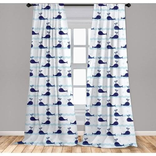 Blue Navy Whale Window Curtains Horizontal Ocean Waves with Blue Fishes Animals of Sea Lightweight Decorative