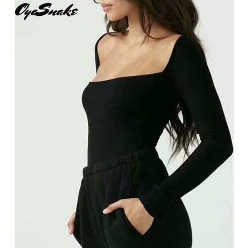 Oyasnake Cotton Womens Square Collar Long Sleeve Slim Tee 2021 New Hot Fashion Solid Skinny T-Shirt Girls Tops