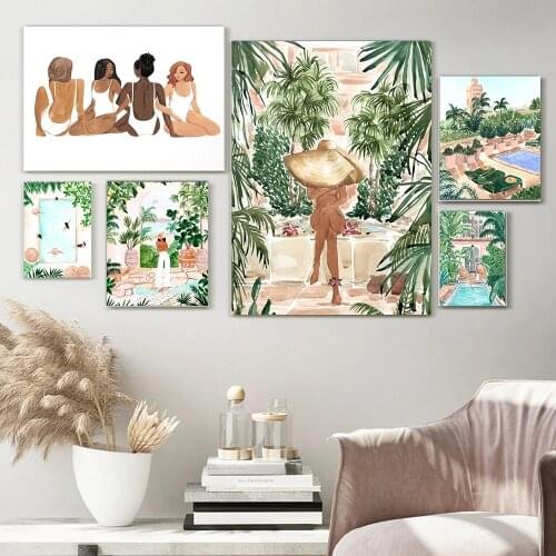 Moroccan Dream Brunette Painting on Canvas Peaceful Morocco Posters and Prints Hotel Pool Resort Lobby Vacation for Living Room