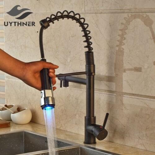 Kitchen Spring Basin Faucet LED Lights Black Bronze/Chrome/Brushed Nickle Sink Mixer Tap Deck Mount Single Hole Hot&Cold water