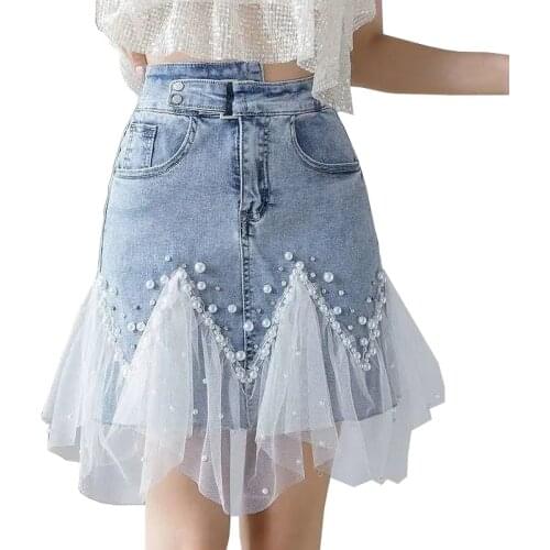 Fashion Beading Women Skirt Denim Mini Mesh Patchwork Vintage Lady Elegant Pearl Jean Skirts High Waist Irregular Sweet 2021 New