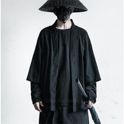 Japanese Streetwear Haori Men Traditional Kimono Cardigan Black Coat Jacket Harajuku Autumn Samurai Fashion Cosplay Costumes
