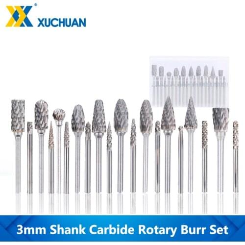 Tungsten Carbide Rotary Burrs 20pcs Woodworking Rotary File Set 3mm Shank Double Cut Electric Grinding CNC Engraving Tools