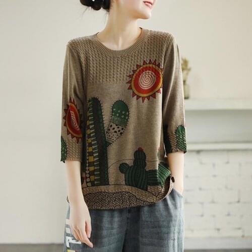 Casual Print Tee Shirt Femme Tops Plus Size Spring Arts Style Women O-Neck Loose 3/4 Sleeve Knitted Tshirt All-Matched