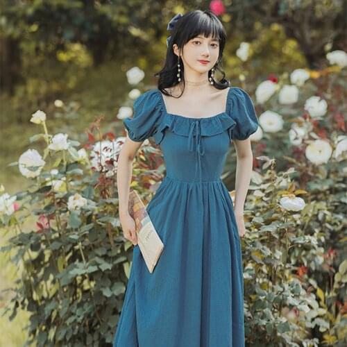Dresses for Women 2021 French Retro Palace Style Elegant Dress Summer Blue Gentle Square Neck Puff Sleeve Dresses