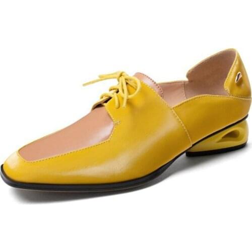 Fashion Women Pumps Genuine Leather Square Toe Casual shoes Strange Style Real Cow Leather Low Heel Lace-Up Spring Autumn shoes