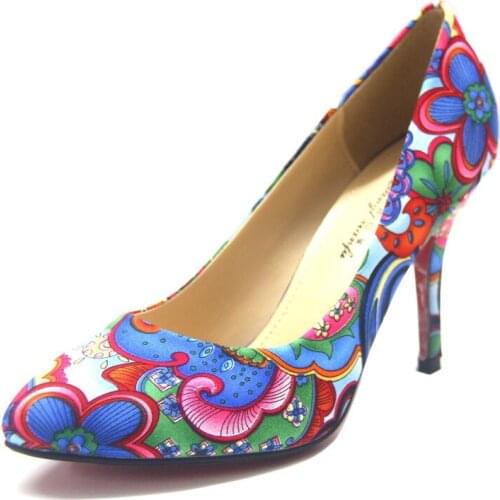 Vintage Splicing Printed Women Pumps For Women Shoes Jacquard Fabric Slip On 8CM Thin High Heels Pointed Toe Dress shoes woman