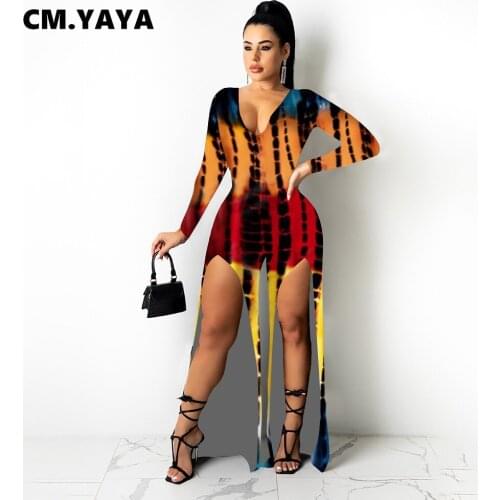 CM.YAYA Women Jumpsuit Print Stretchy Slited Rompers Female Cleavage Fashion One Piece Overalls Sexy Stylish Streetwear Autumn