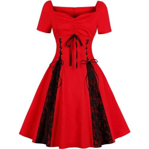 Gothic Y2K Sundress Lace Contrast Tunic Party Rockabilly Dress Women Ruched Bust Tie Front Lace Up Dresses Red Vintage Dress