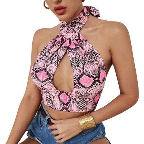 Women Sexy Hollow Out Vest, Printed Pattern Halter Neck Sleeveless Crop Tops, Pink/ Black/ Grey/ Khaki