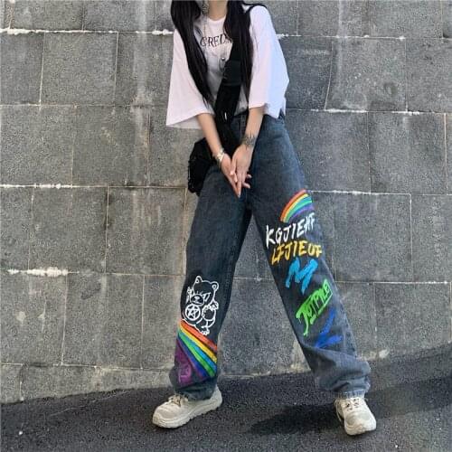 2021 Women Cartoon Printed Jeans Atumn Winter Girls Rainbow Print Loose StraightTrousers Plus Size Female Denim Jean