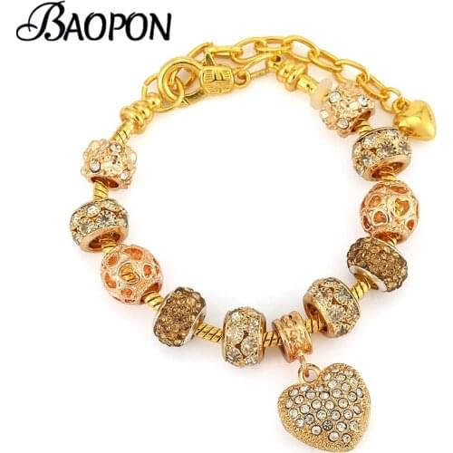 BAOPON Silver Plated Crystal Love Heart Beads Charms Bracelet For Women With Safety Chain Brand Bracelets As Wife Jewelry Gift