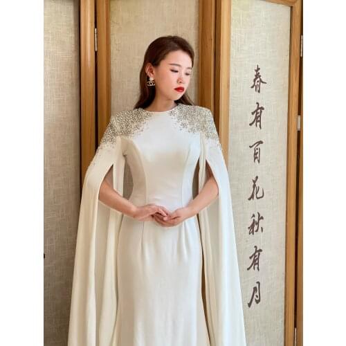 Elegant White Gowns Fashion Ladies Muslim Eveningdress Luxury Party Dress Long Sleeves Daimond Beading1710