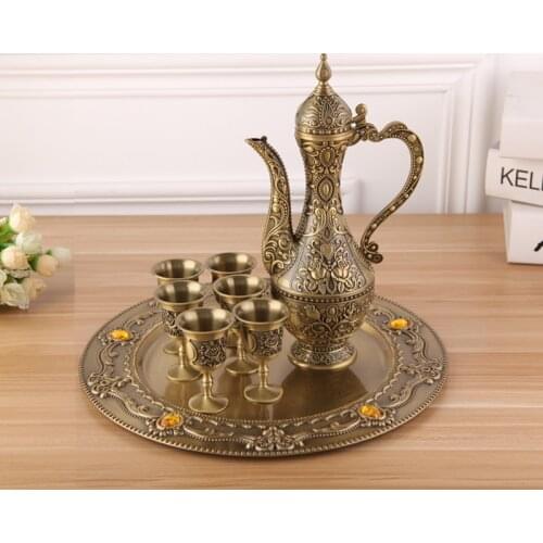 Europe bronze color Rose patter Coffee/Wine/tea Set metal wine glass barware set for home/bar/dining decor glass decanter JJ069