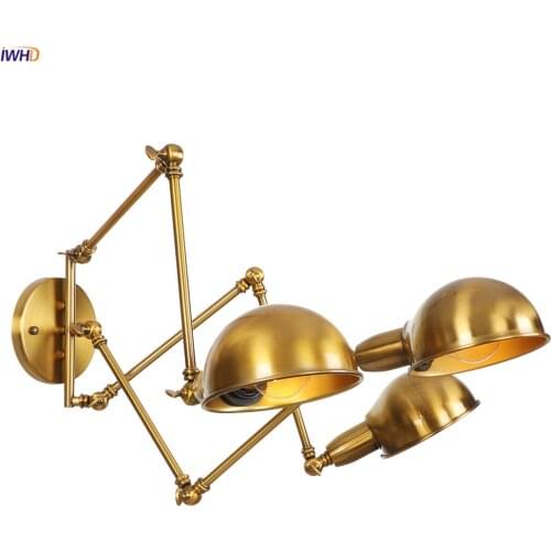 IWHD RH Loft Industrial LED Wall Light Fixture Bedroom Stair Porch 3 Heads Gold Swing Long Arm Wall Lamp Sconce Apliques Pared