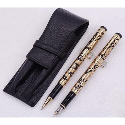 Jinhao 5000 Black Golden Fountain Pen & Roller Pen with Real Leather Pencil Case Bag Washed Cowhide Pen Case Holder Writing Set