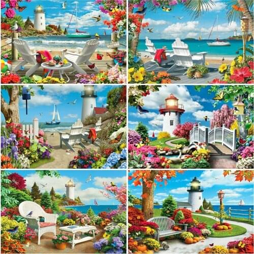 KAMY YI Landscape Seaside Lighthouse Gazebo Animal Cross-Stitch 5D Diy Full Diamond Embroidery Masaik Art Craft Home Decoration