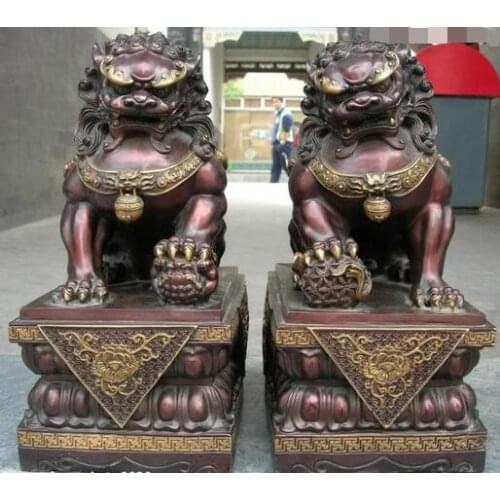 China Regius Palace Pure Red Bronze Evil Door Fu Foo Dog Lion Statue Pair 42cm off 50