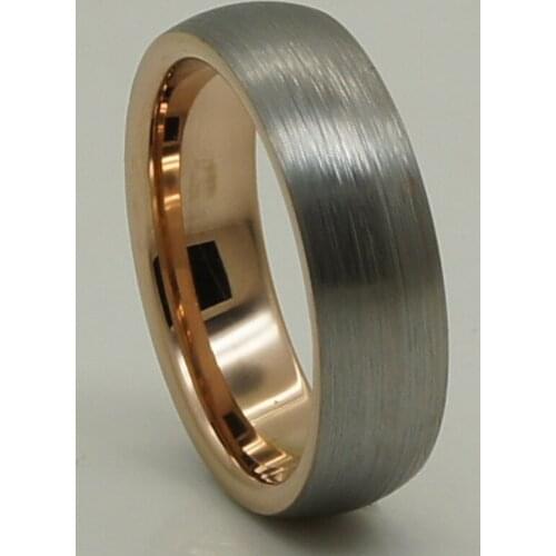 6mm width women/girl unique brush & shiny 2tone rose gold plating & grey tungsten carbide ring