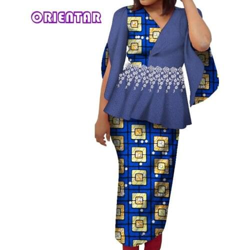 2 Pieces Set African Clothes for Women Skirts and Tops Set Elegant Blouse and Long Skirts African Print Clothing Suits WY8375