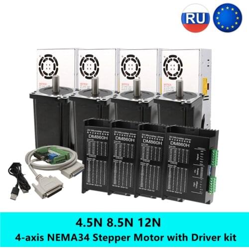 Free shipping ! 4 set Nema34 stepper Motor 4.5N.m/8.5N.m/12Nm+2-Phase Motor+ DM860H Driver +400w60v power For CNC router