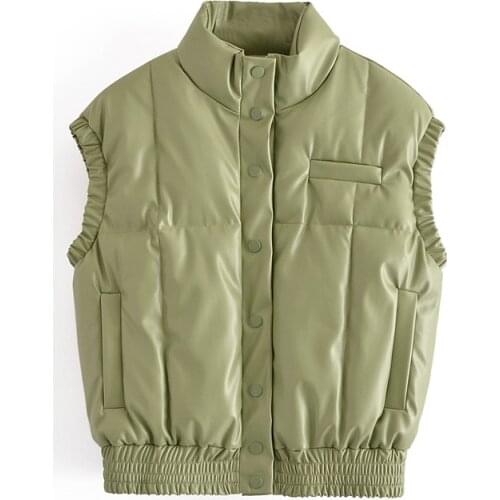 Leather Padded Jacket Vest Women Casual Winter Thick Sleeveless Elastic Waist Warm Short Tops Coat