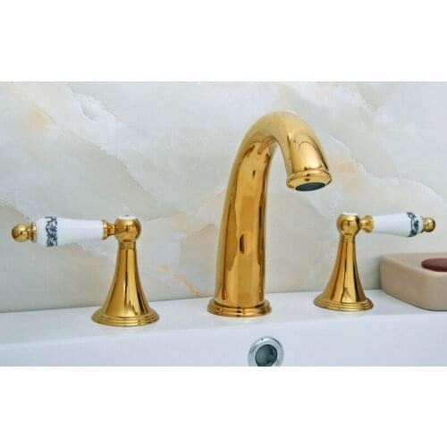 Gold Color Brass Double Ceramic Handle Deck-Mount Three Hole Widespread Bathroom Bathtub Basin Faucet Sink Mixer Tap dgf023