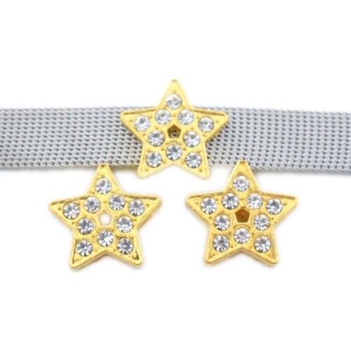 10mm Gold Crystal Star Slide Charms Flat Hole Metal Beads Keeper Fit 10mm Stainless Steel Mesh Bracelets DIY Jewelry Making