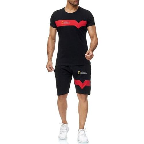 2021 Mens National-Geographic Logo Printed Summer Survey Expedition Scholar High Quality Cotton Shorts+T-shirt 2 Pieces Sets