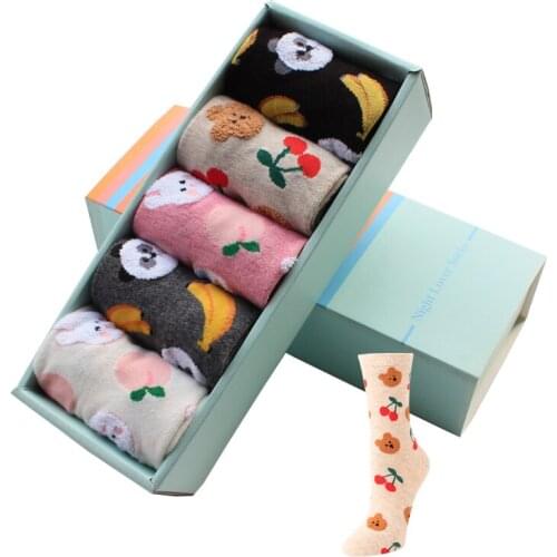 Recommend !! womens new years socks gift box 5pairs/lot banana peach cherry cartoon sock ladies and women colorful cotton sock