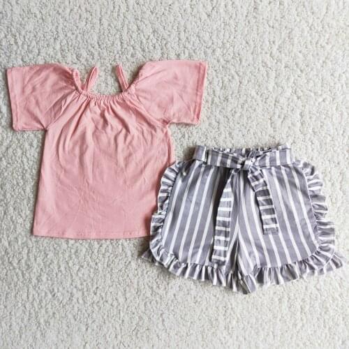 New 2021 Toddler Girls Children boutique pink short sleeve tee shirt top grey stripe bow ruffle shorts clothing sets