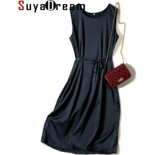 SuyaDream Woman Solid Mid Dress 19mm 100%Silk Satin Sleeveless Sashes Dresses 2021 Spring Summer Navy Chic Dresses