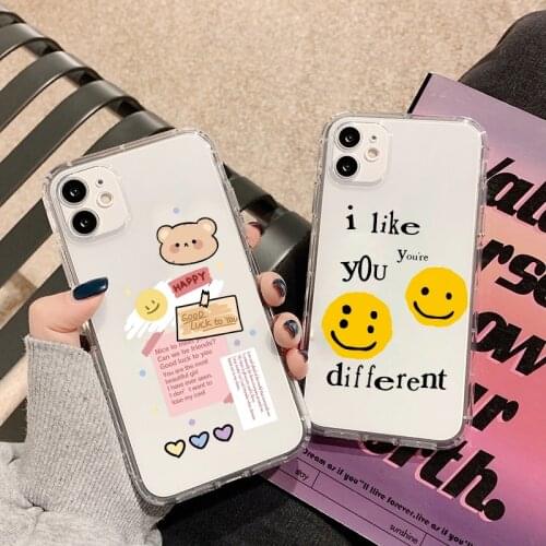 Cartoon Bear Smile Clear Phone Case For iPhone 12 11 Pro Max X XS XR SE2020 6s 7 8 Plus Cute Letter Shockproof Soft Cover Fundas
