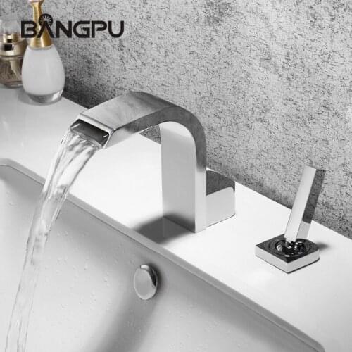 BANGPU Bathroom Basin Faucet Chrome, Waterfall Sink Faucet Wall Mounted Single Handle 2 Hole Bathroom Sink Mixer Tap Solid Brass