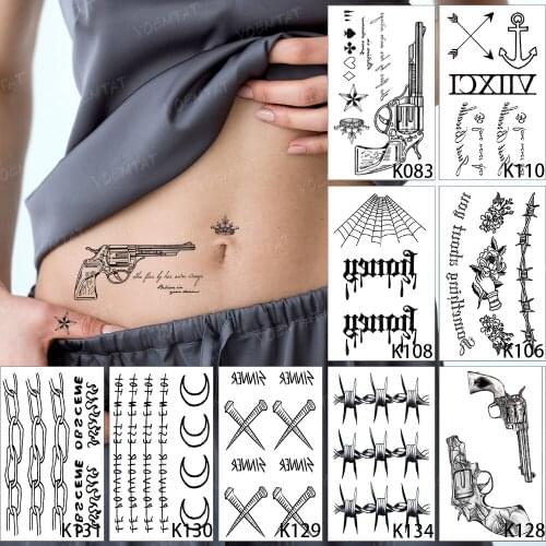 9pcs/Lot Waterproof Temporary Tattoo Sticker Gun Crown Black Word English Thorns Chain Flame Totem Body Art Fake Tatto Man Woman